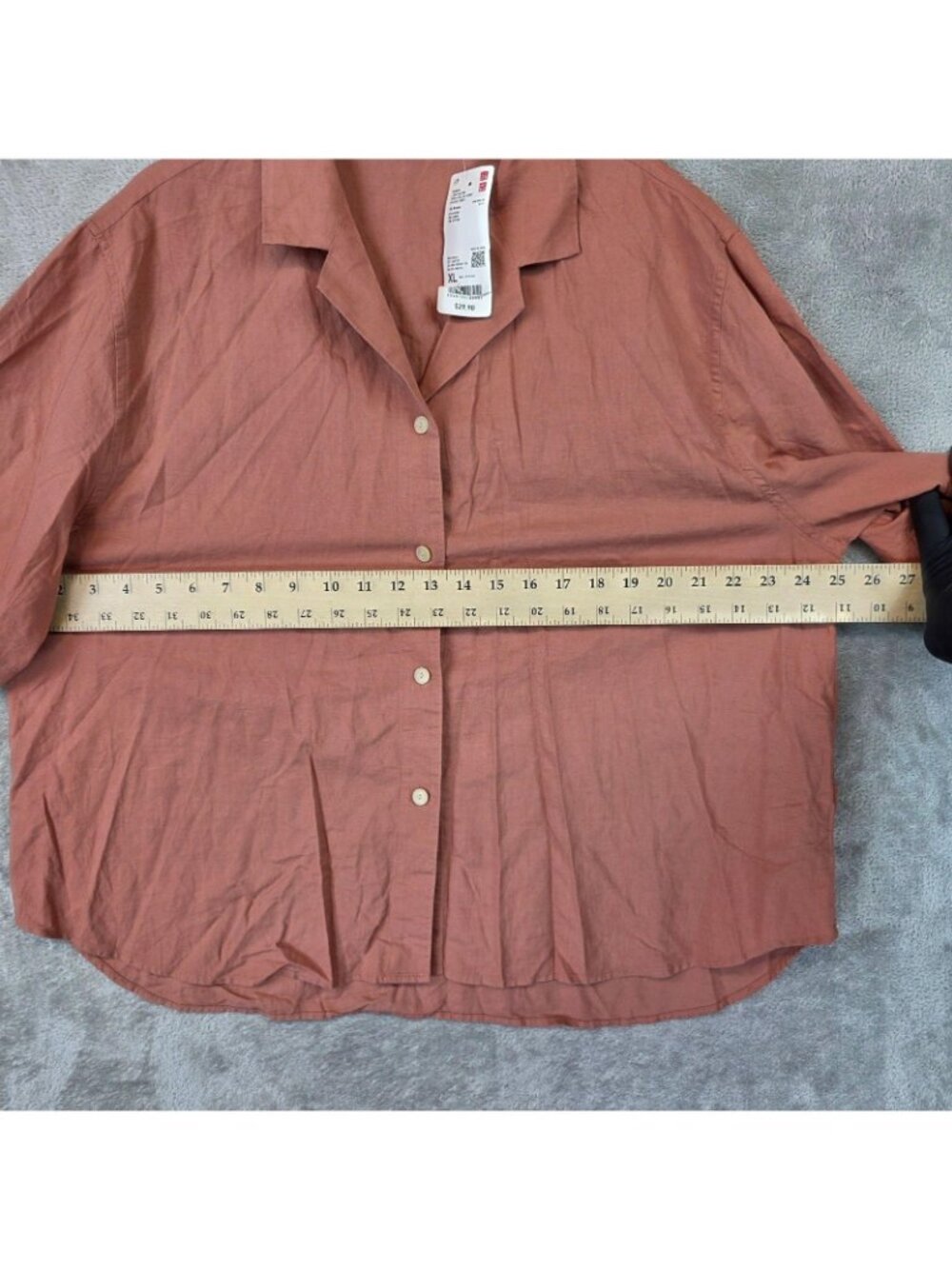 Uniqlo Button Up Shirt Womens XL Brown Open Collar Short Sleeve Linen Blend - Picture 9 of 11